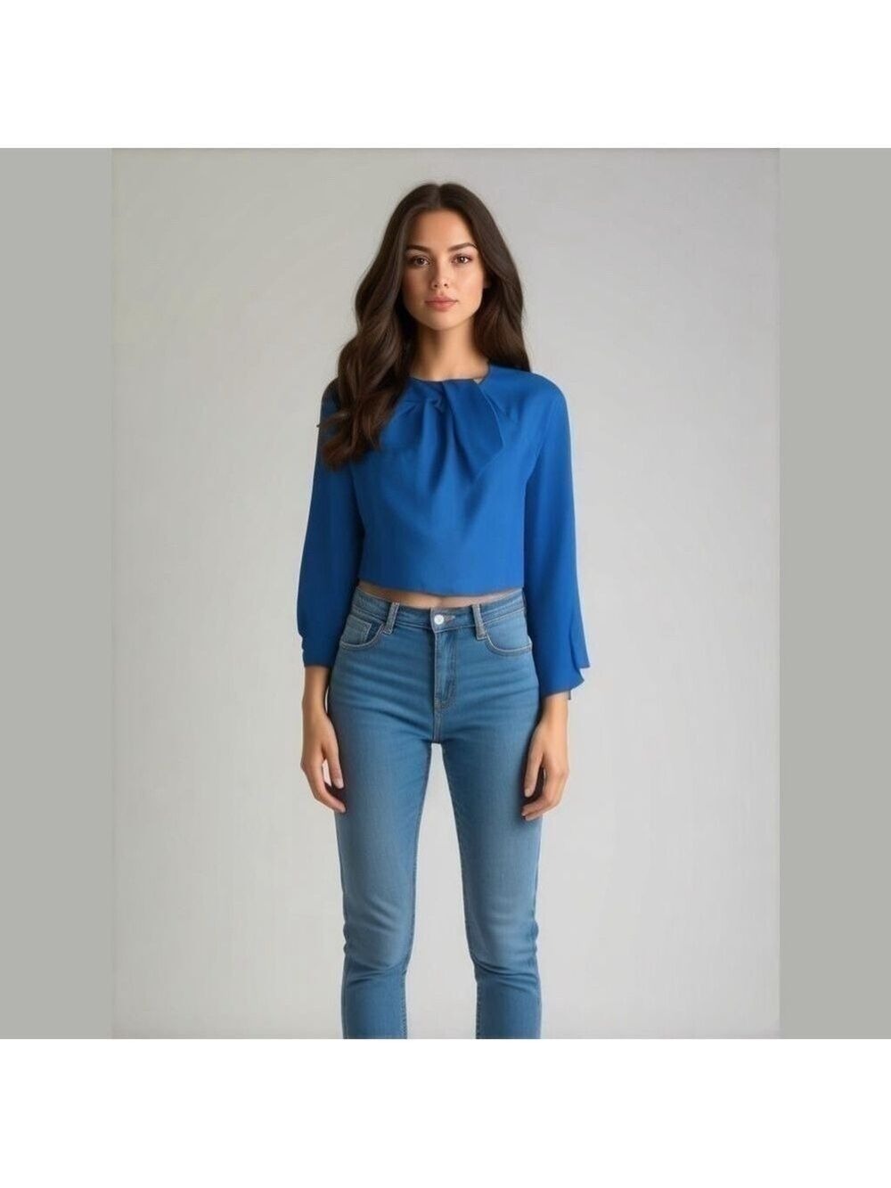 ZARA electric blue front crossover cropped blouse long sleeve keyhole size XS